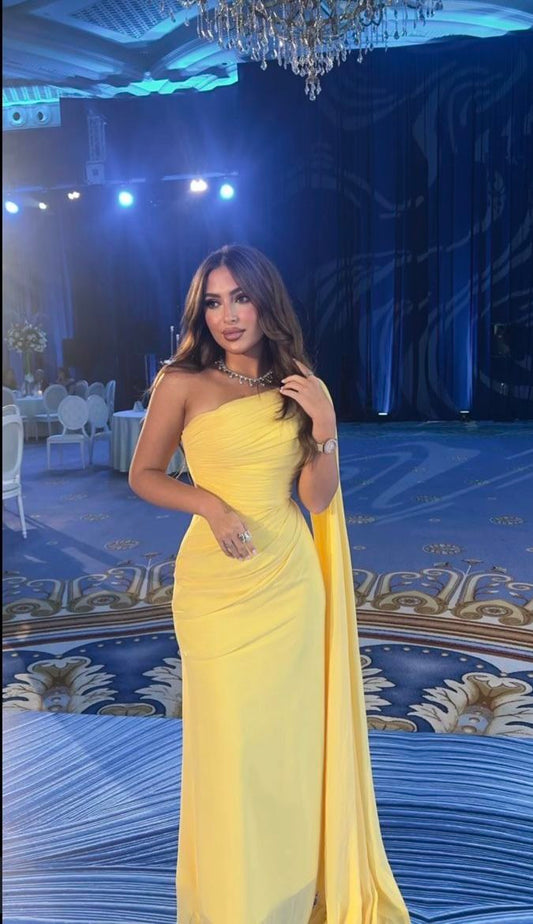 Modest Sheath One Shoulder Yellow Prom Dresses Formal Summer Spring Wedding Guest Dresses Wedding Guest Outfit W0181