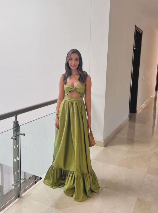 Vestidos de fiesta de satén verde con escote en forma de A y escote corazón, estilo formal para invitadas de boda de verano y primavera, atuendo para invitadas de boda W0184