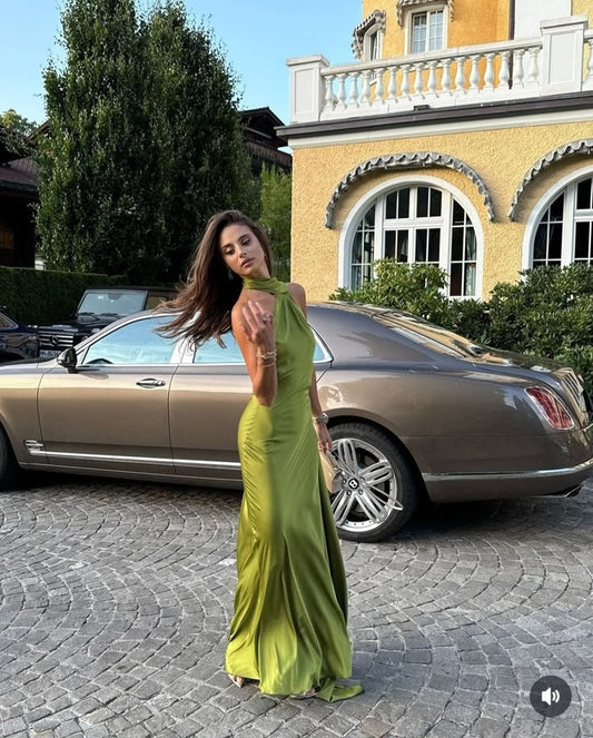 Vestido de fiesta verde de satén con un hombro al descubierto y corte recto, vestido formal de verano y primavera para invitadas de boda, atuendo para invitadas de boda W0187