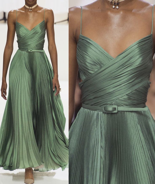 Vestidos de fiesta verdes con tirantes finos y corte en A, vestidos formales de verano y primavera para invitadas de boda, atuendo para invitadas de boda W0200