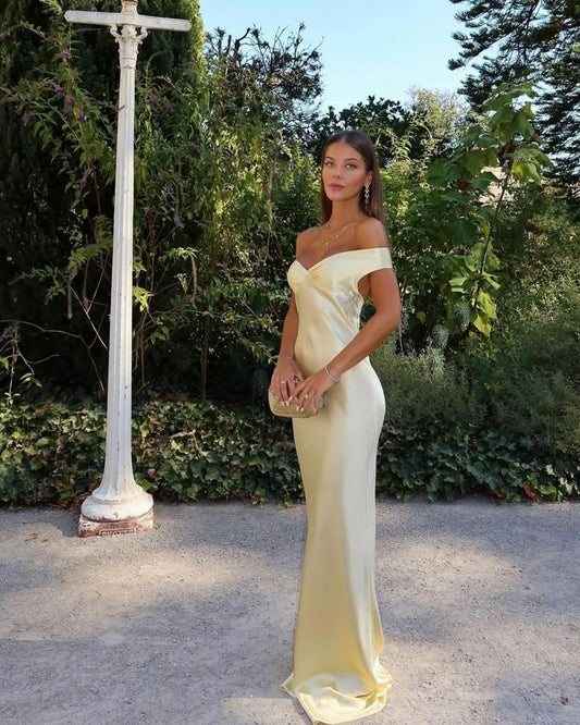 Vestido de fiesta largo amarillo con hombros descubiertos y corte sexy, vestido formal de verano para invitada de boda, atuendo para invitada de boda W0211