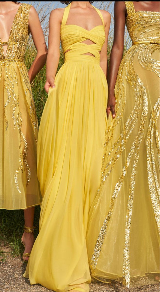 Modest A line Halter Chiffon Yellow Prom Dresses Formal Summer Spring Wedding Guest Dresses Wedding Guest Outfit W0217