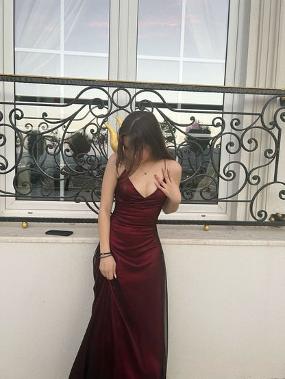 Vestido de fiesta de sirena con tirantes finos, color burdeos y negro, para verano y primavera, para invitadas de boda, W0218