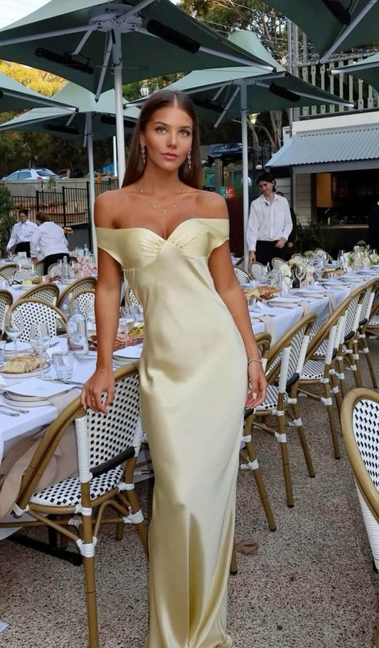 Vestido de fiesta largo amarillo con hombros descubiertos y corte sencillo, vestido formal de verano para invitada de boda, atuendo para invitada de boda W0239