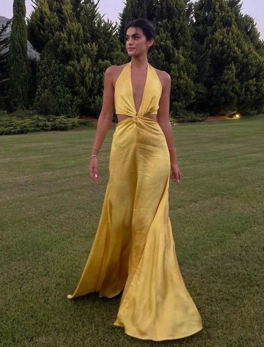 Vestido de satén amarillo con cuello halter y corte en A para 20 cumpleaños, vestido de fiesta y 18 cumpleaños, W0249