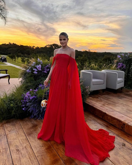 Elegante vestido de fiesta largo de gasa roja con hombros descubiertos y corte A, vestido formal de verano para invitadas de boda, atuendo para invitadas de boda W0272