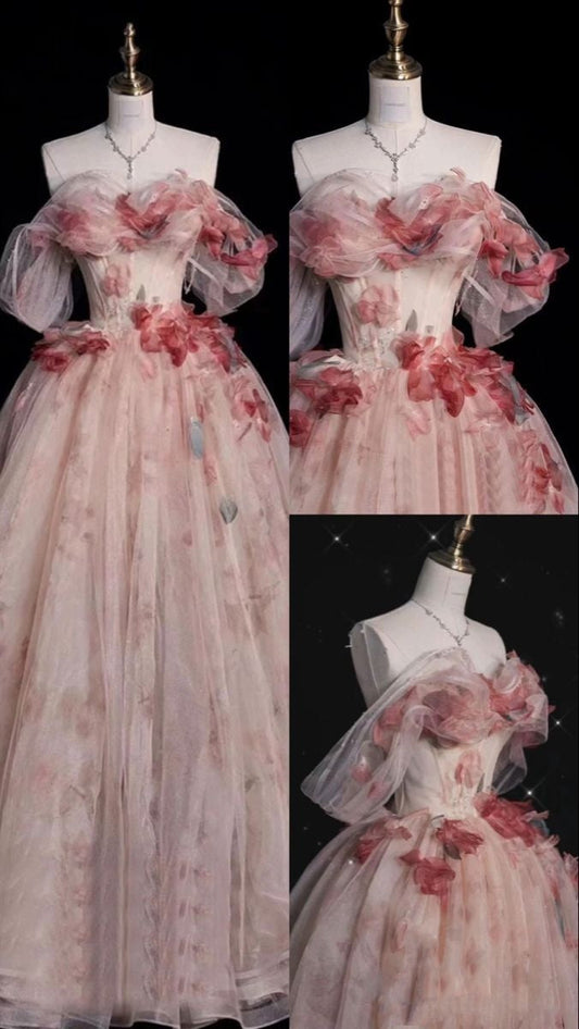 Hermoso vestido de quinceañera largo de tul rosa ruborizado con hombros descubiertos, mangas cortas formales, flores, W0276