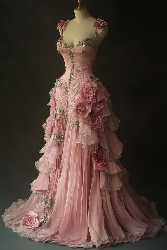 Hermoso vestido de quinceañera largo de tul con tirantes finos en color rosa, formal, de manga corta y flores, W0278