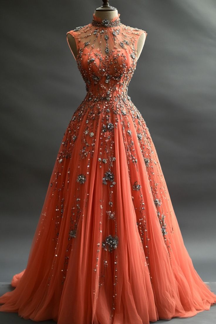 Hermoso vestido de quinceañera largo de tul con cuentas plateadas y cuello alto, formal, de manga corta y flores, W0280
