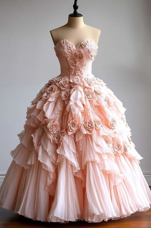 Hermoso vestido de quinceañera largo de tul con escote corazón y flores rosas, vestido formal de manga corta con flores, vestido de 15 años, vestido de dulces 16 W0281