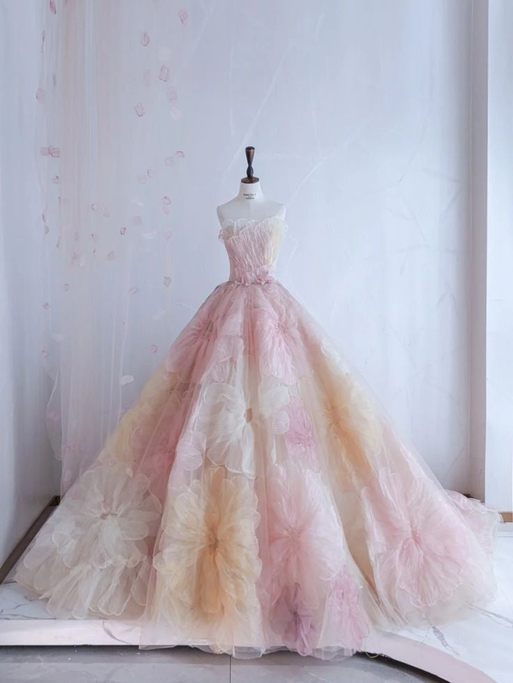 Hermoso vestido de quinceañera largo de tul con escote corazón y flores rosas, vestido formal de manga corta con flores, vestido de 15 años, vestido de dulces 16 W0284