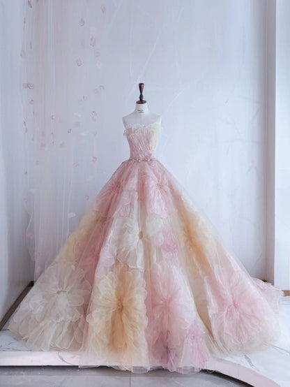 Hermoso vestido de quinceañera largo de tul con escote corazón y flores rosas, vestido formal de manga corta con flores, vestido de 15 años, vestido de dulces 16 W0284