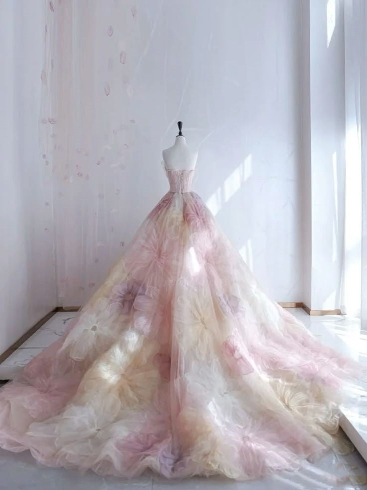 Hermoso vestido de quinceañera largo de tul con escote corazón y flores rosas, vestido formal de manga corta con flores, vestido de 15 años, vestido de dulces 16 W0284