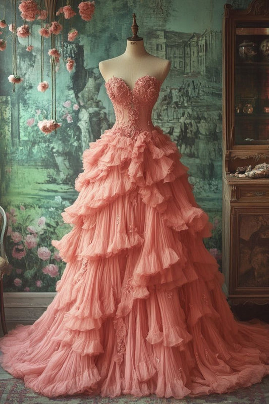 Hermoso vestido de quinceañera largo con escote corazón, encaje rosa ruborizado, tul, mangas cortas, flores, vestido de 15 años, vestido de dulce 16 W0285