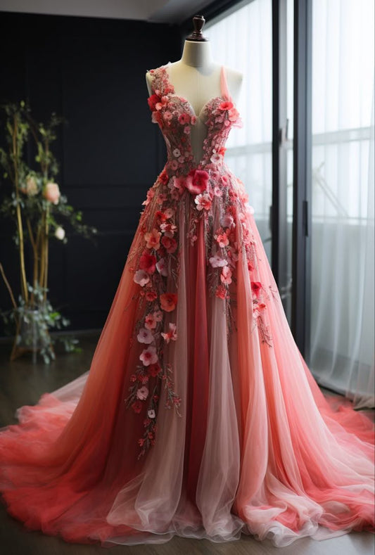 Hermoso vestido de quinceañera largo de tul rosa con escote corazón, formal, de manga corta, con flores, para 15 años, dulce 16, W0288