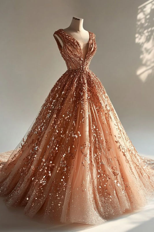 Hermoso vestido de fiesta con escote en V y lentejuelas rosas, largo para quinceañera, vestido formal de 15 años W0289