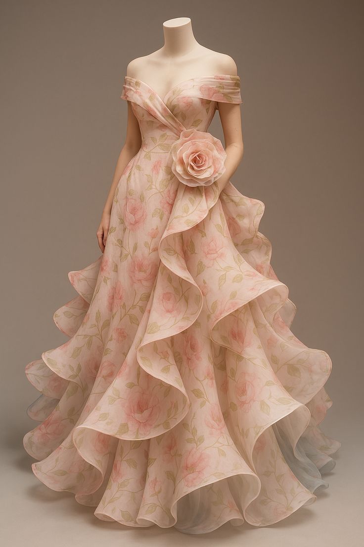 Hermoso vestido de quinceañera largo con hombros descubiertos y flores rosas, formal, de manga corta, para 15 años, dulce 16, W0290
