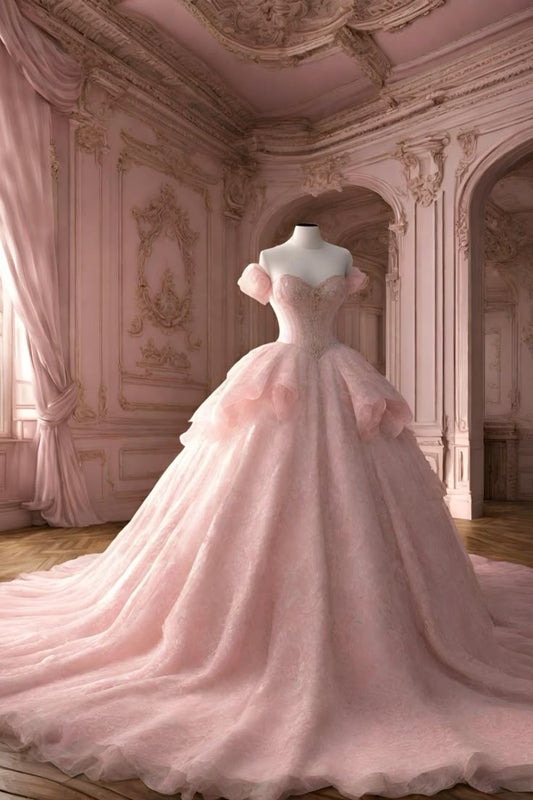 Hermoso vestido de quinceañera largo con hombros descubiertos, rosa, con cuentas, mangas cortas, flores, vestido de 15 años, vestido de dulce 16 W0292