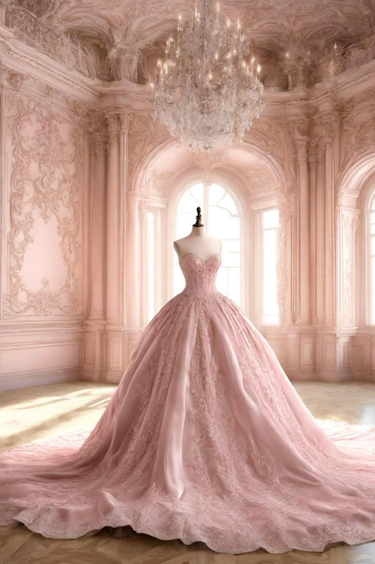Vestido de quinceañera largo con escote corazón y encaje rosa, vestido formal de 15 años W0294