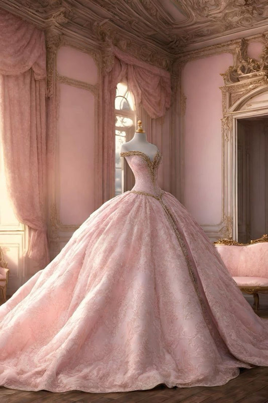 Vestido de quinceañera largo con escote corazón, encaje rosa y cuentas doradas, vestido formal de 15 años W0295