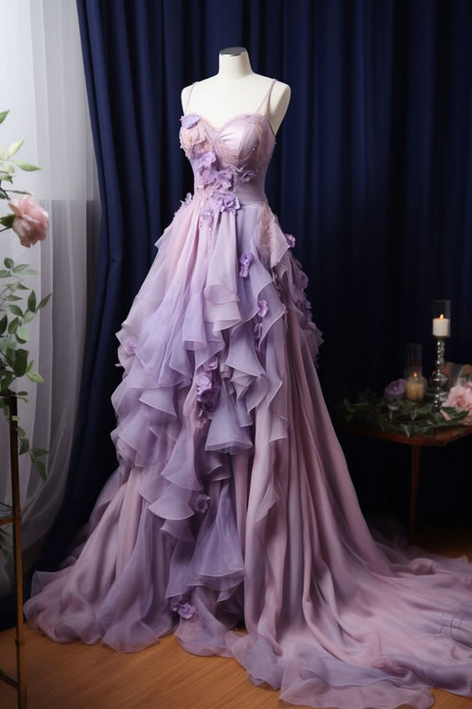 Hermoso vestido de fiesta con escote corazón de tul y flores lilas para quinceañera, vestido formal de flores para 15 años, vestido de dulces 16 W0300