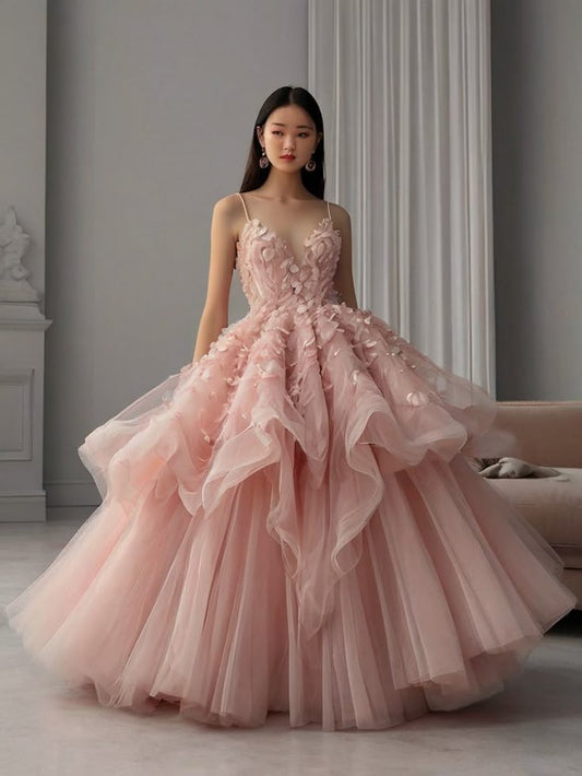 Vestido de quinceañera largo con tirantes finos y flores rosas, vestido formal de 15 años W0301