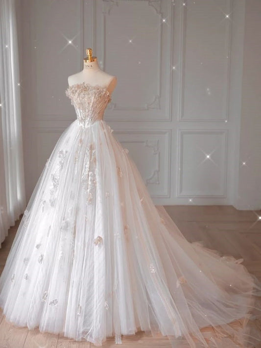 Vestido de novia rústico, sin tirantes, de tul blanco con encaje, largo, W0306