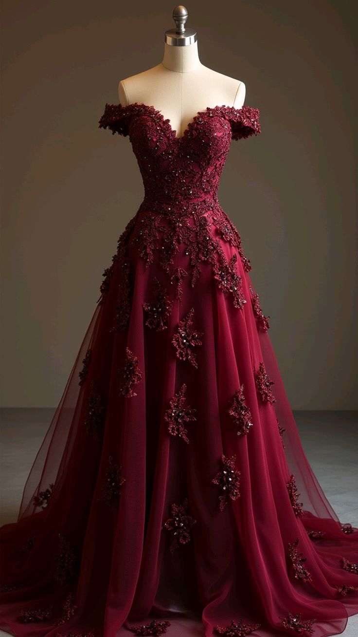 Hermoso vestido de quinceañera largo de tul burdeos con hombros descubiertos, vestido formal con flores, vestido de 15 años, vestido de dulces 16 W0308