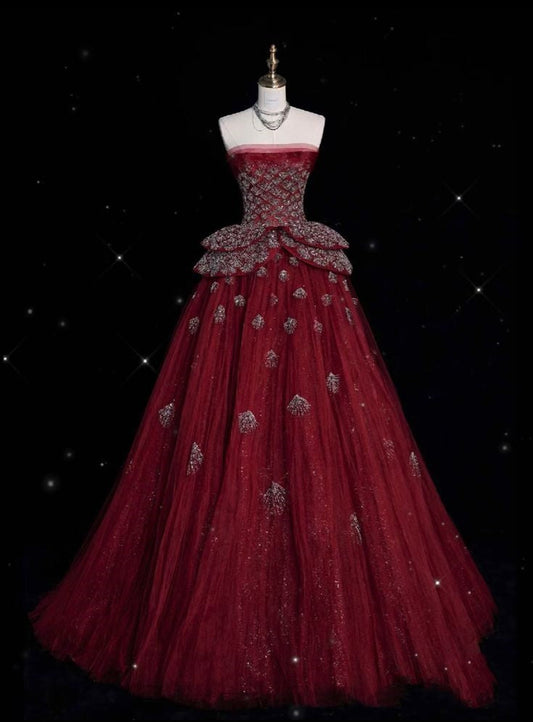Hermoso vestido de fiesta sin tirantes de tul burdeos, largo, para quinceañera, formal, de 15 años, para dulces 16, W0310