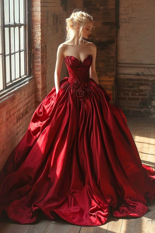 Hermoso vestido de fiesta con escote corazón, satén burdeos, largo, para quinceañera, formal, de 15 años, para dulces 16, W0312