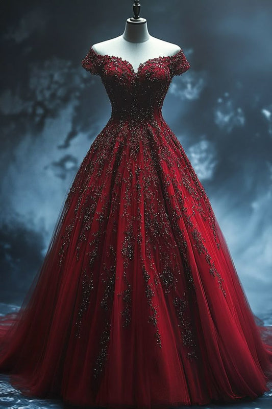Hermoso vestido de fiesta con hombros descubiertos, largo de tul burdeos, para quinceañera, vestido formal de 15 años, vestido de dulces 16 W0316