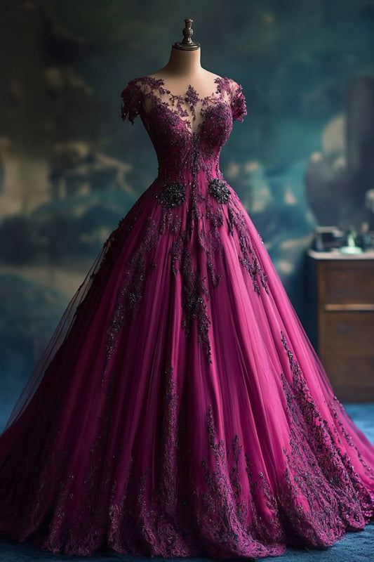 Hermoso vestido de fiesta largo de tul color uva para quinceañera, vestido formal de 15 años, vestido de dulces 16 W0318