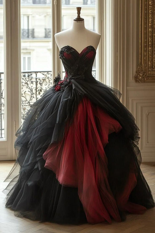 Hermoso vestido de fiesta con escote corazón de tul negro, vestido largo de quinceañera, vestidos formales, vestido de 15 años, vestido de dulces 16 W0324