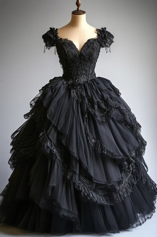Hermoso vestido de fiesta con escote corazón de tul negro, vestido largo de quinceañera, vestidos formales, vestido de 15 años, vestido de dulces 16 W0325