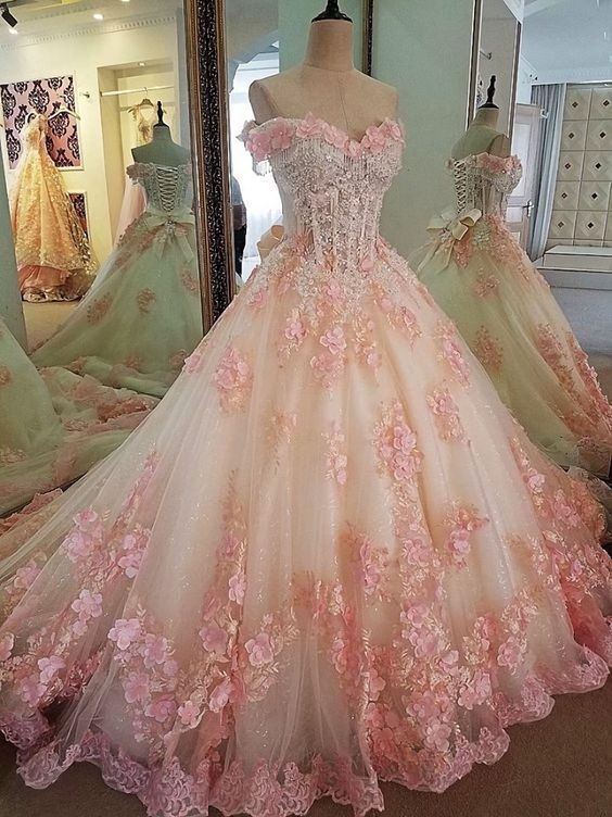 Hermoso vestido de fiesta con hombros descubiertos, tul rosa ruborizado, largo, para quinceañeras, formal, de 15 años, para dulces 16, W0327