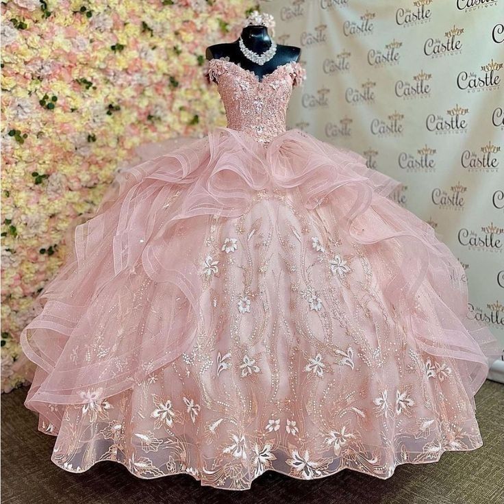 Hermoso vestido de quinceañera largo de tul rosa con hombros descubiertos, vestido formal de 15 años, vestido de dulce 16 W0328