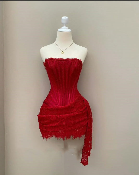 Vestido corto de verano rojo de encaje sin tirantes para fiesta de bienvenida, vestido de cóctel para 18 cumpleaños, W0337