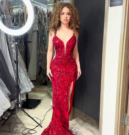 Modest Sheath Spaghetti Straps Red Sequin Formal Gown 20th Birthday Dress Prom Dresses 18th Birthday Outfits W0341