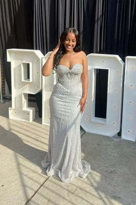 Modest Sheath Sweetheart Silver Sequin Formal Gown 23rd Birthday Dress Prom Dresses 20th Birthday Outfits W0351