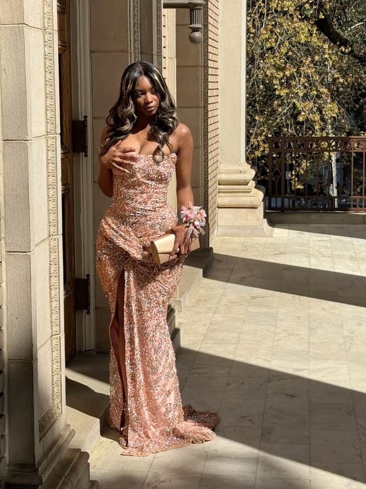 Vestido formal modesto sin tirantes, color rosa ruborizado, con abertura y lentejuelas, para cumpleaños número 23, vestidos de fiesta, atuendos para cumpleaños número 20, W0353