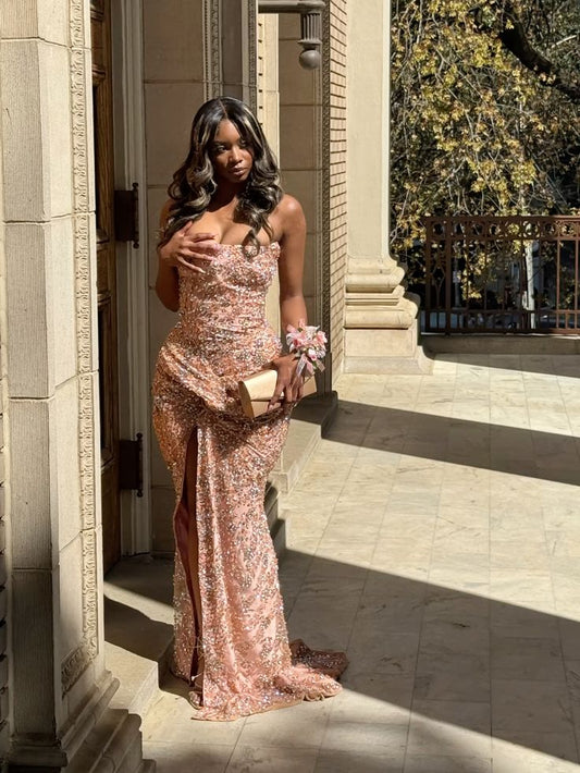 Modest Sheath Strapless Blush Pink Slit Sequin Formal Gown 23rd Birthday Dress Prom Dresses 20th Birthday Outfits W0353