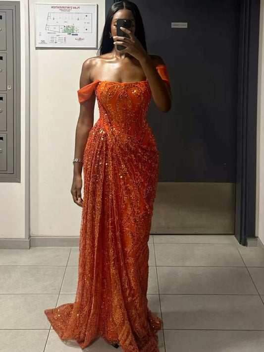 Elegante vestido de fiesta largo con lentejuelas y hombros descubiertos, corte A, vestido formal de verano para invitadas de boda, atuendo para invitadas de boda W0355