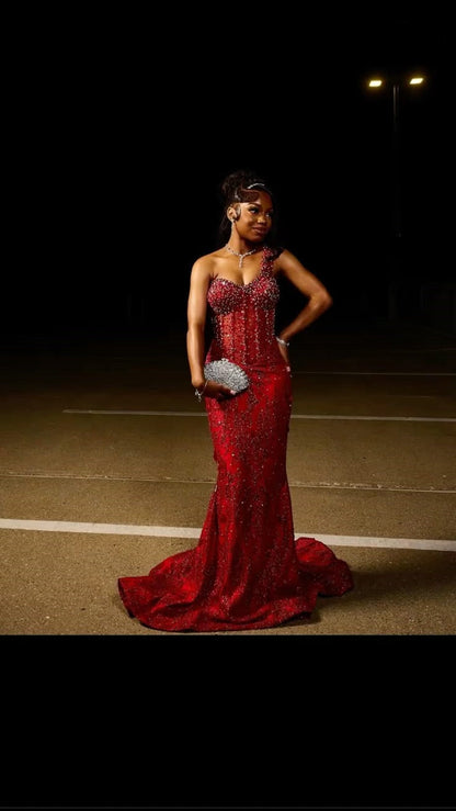 Sexy Mermaid One Shoulder Burgundy Sequin Formal Gown 23rd Birthday Dress Prom Dresses Black Girl 20th Birthday Outfits W0359