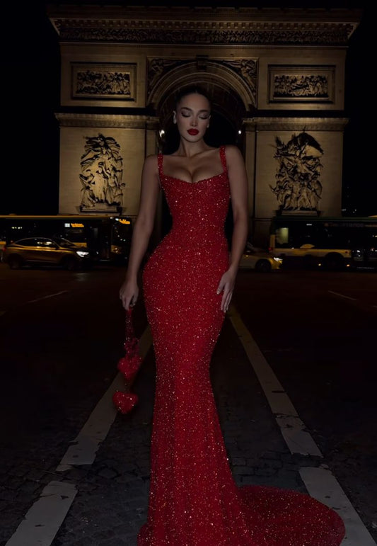Modest Mermaid Straps Red Sequin Formal Gown 20th Birthday Dress Prom Dresses 18th Birthday Outfits W0360