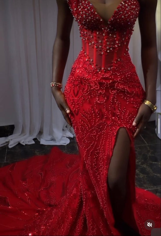 Sexy Mermaid Red Straps Sequin Formal Gown 23rd Birthday Dress Prom Dresses Black Girl 20th Birthday Outfits W0362