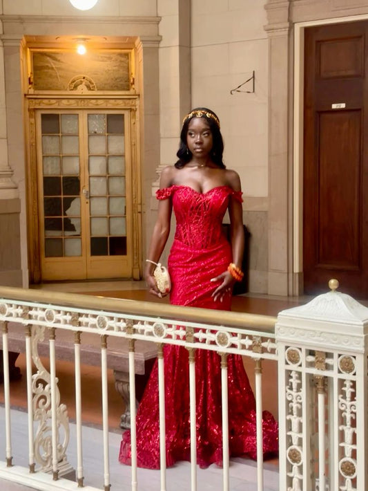Sexy Mermaid Off the Shoulder Red Sequin Formal Gown Black Girl 23rd Birthday Dress Prom Dresses 20th Birthday Outfits W0367