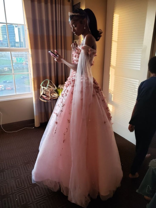 Hermoso vestido de fiesta con hombros descubiertos de tul rosa, largo, para quinceañeras, formal, de 15 años, para dulces 16, W0328
