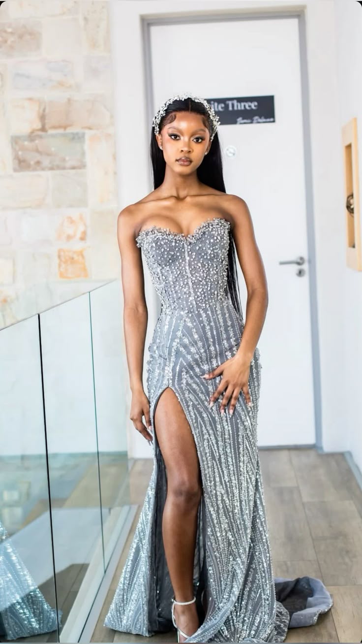 Vestido formal de corte sirena con escote corazón, color gris, con abertura para cumpleaños número 20, vestidos de fiesta negros para niña, atuendos para cumpleaños número 18, W0414