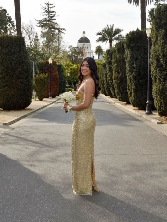 Elegante vestido de dama de honor amarillo con lentejuelas, sin tirantes y glamuroso, ideal para fiestas de verano y cumpleaños, W0423