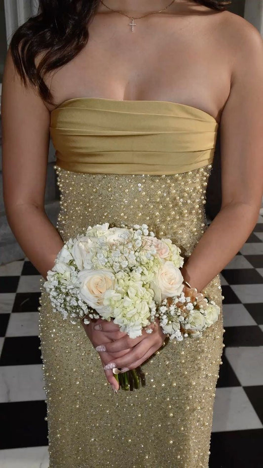 Elegante vestido de dama de honor amarillo con lentejuelas, sin tirantes y glamuroso, ideal para fiestas de verano y cumpleaños, W0423